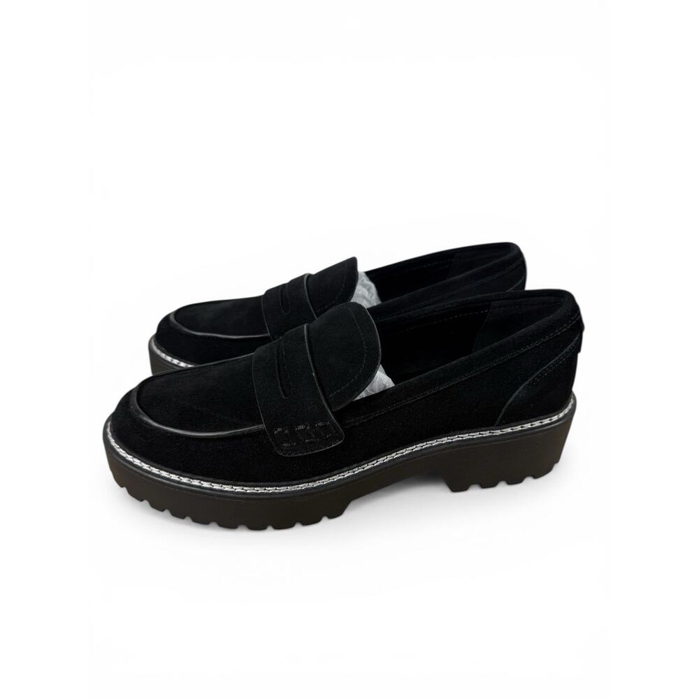 Size 9.5 Calvin Klein Suzie Loafers Women Black Suede Lug Sole Penny Moccasins
